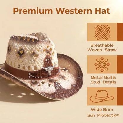 Straw Cowboy Hat for Men Women, Breathable Lightweight - color: Brown-m