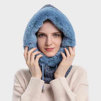 Women’s Knitted Beanie Hat with Face Cover - 3 in 1 Winter Balaclava with Mask Scarf Ear Muffs Pompom Fleece Lined Snow Caps - color: Blue-c