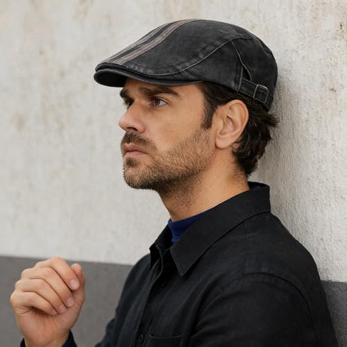 Initlove Mens Newsboy Cap Washed Beret Ivy Hat Flat Hats for Cabbie Driving - color: B Black