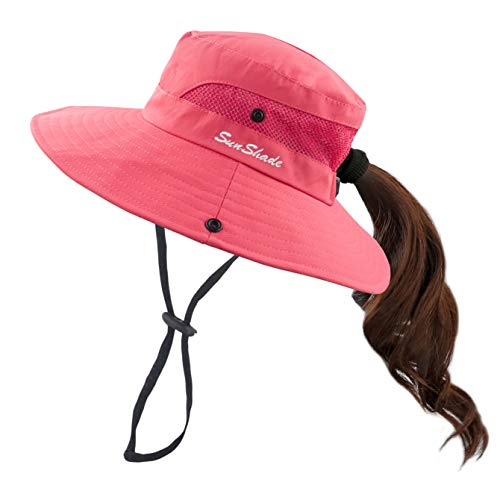 Muryobao Women's Ponytail Sun Hat UV Protection Foldable Mesh Wide Brim Beach Fishing Hat - color: Pure Watermelon Red