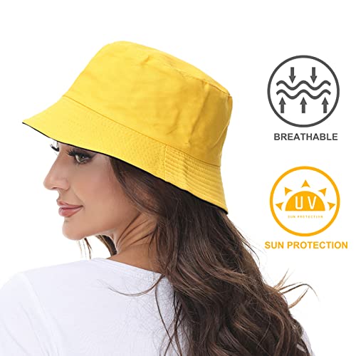 Women Reversible Bucket Hat, Summer Sun Hat for Women - color: Black- Yellow