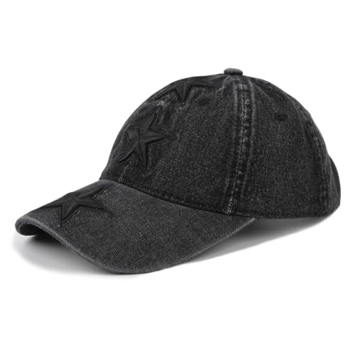 Unisex 3D Star Embroidered Washed Denim Baseball Cap Vintage Men Dad Hat - color: Black