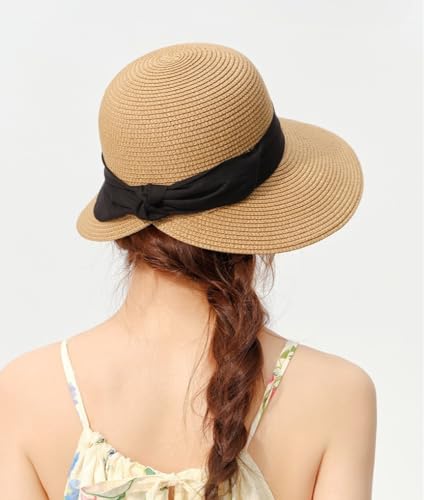 Women's Sun Straw Hats Summer Wide Brim Beach Hat UPF 80+ Travel Vacation Accessories Packable Foldable Cap - color: Beige