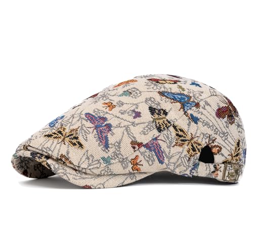 Quanhaigou Men's Cotton Flat Ivy Gatsby Newsboy Driving Hat Adjustable Irish Cabbie Ivy Driving Hunting Cap - color: Butterfly Beige
