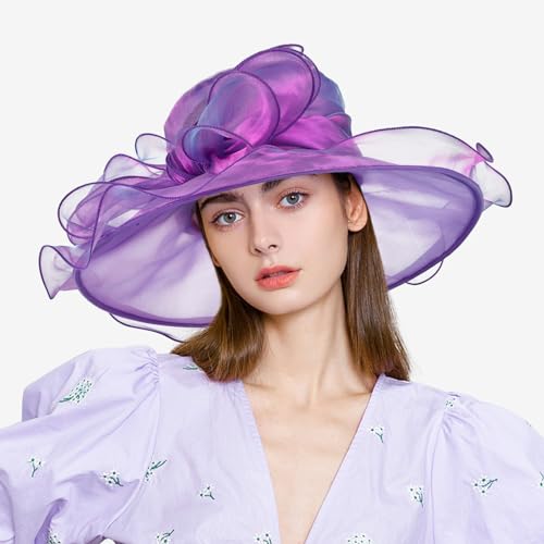 2026 Derby Hats for Women Ladies, Classy Organza Sun Hat, Church Tea Party Wedding Kentucky Fascinator Hat - color: B2967-purple