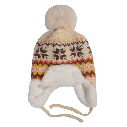 IPENNY Women's Winter Faux Fur Lined Trapper Hat, Warm Knitted Beanie with Pom Pom & Earflaps, Warm Ski Cap for Cold Weather - color: Beige