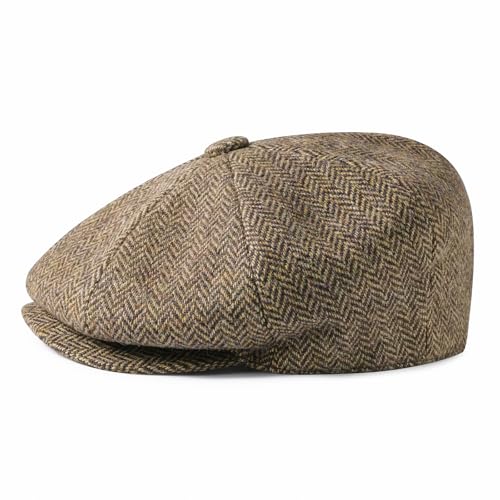 Men Wool Blend 8 Panel Newsboy Cap - color: Herringbone Khaki, size: 7 3/8