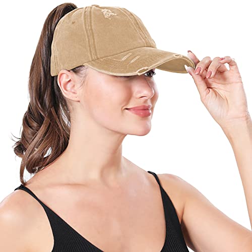 Criss Cross Ponytail Hat Women Washed Distressed Baseball Caps Adjustable High Messy Bun Ponycap - color: B - Denim Khaki