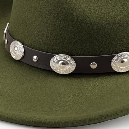 DRESHOW Women Men Classic Felt Wide Brim Western Cowboy & Cowgirl Cap Belt Buckle Retro Panama Hat Unisex Rolled up Caps - color: 1 Pack Style 1: Army Green (Hat Circumference: 22-22.8")