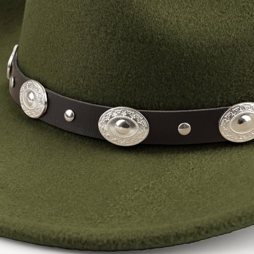 DRESHOW Women Men Classic Felt Wide Brim Western Cowboy & Cowgirl Cap Belt Buckle Retro Panama Hat Unisex Rolled up Caps - color: 1 Pack Style 1: Army Green (Hat Circumference: 22-22.8")