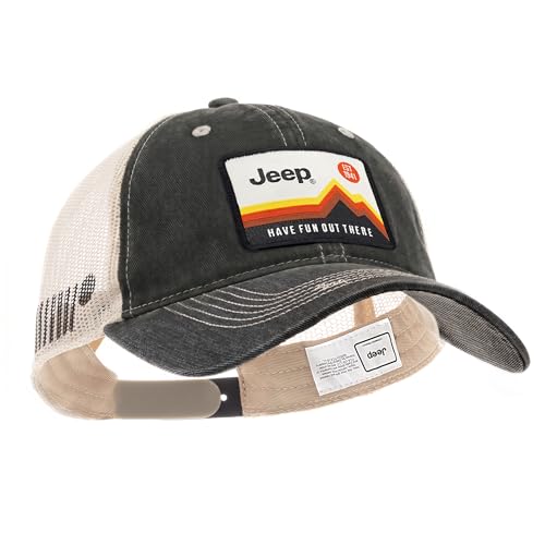 Jeep Have Fun Out There Patch Garment Washed Trucker Hat Unstructured for Men & Women - Adjustable Snapback Baseball Cap - color: Black