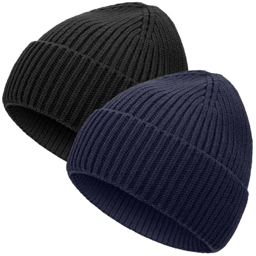 vidsel 50% Wool Thick Beanie Hat Men Women, Seamless Cuffed Winter Knit Cap - color: 2pcs Black, Navy Blue