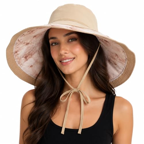Wide Brim Sun Hats for Women UV Protection Reversible Bucket Hat Foldable Beach Hats Summer Hat for Garden Travel - color: Khaki Tie-dye