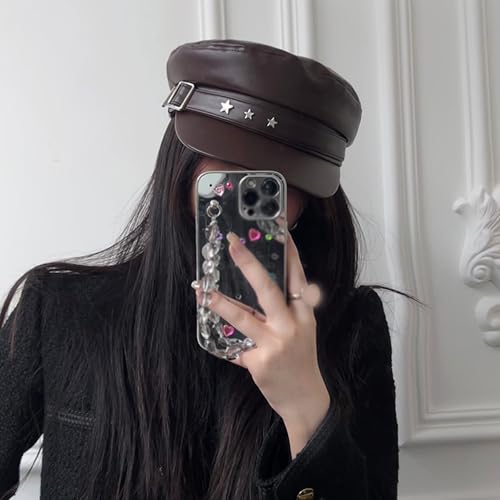 BOLLEY JOSS Womens Fashion Newsboy Cap Faux Leather Bakerboy Hat Stars Buckle Beret Paperboy Fiddler Captain Sailor Hats - color: Brown