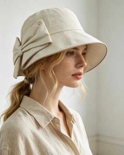 Women's Foldable Wide Brim Bowknot Bucket Hat Sun Protective - color: Off-white