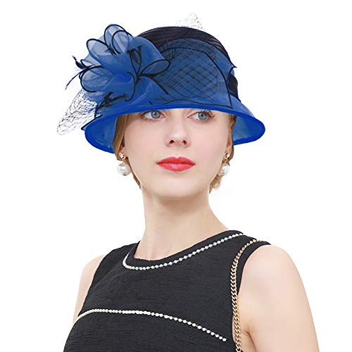 Janey&Rubbins Women's Two-Tone Bowler Cloche Hat for Derby Day, Church, Wedding, Party, Formal Events - color: Blue/Black