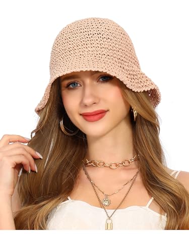 Womens Sun Hat Handmade Straw Bucket UV Protection Travel Summer Beach Cap - color: Pale Dogwood