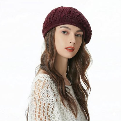 ZLYC Women Cotton Slouchy Crochet Beret Handmade Cutout Floral Beanie Hat - color: Knit Burgundy