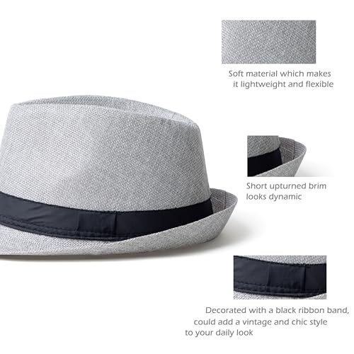 Classic Short Brim Fedora Summer Beach Trilby Hat - color: Black Band-light Grey