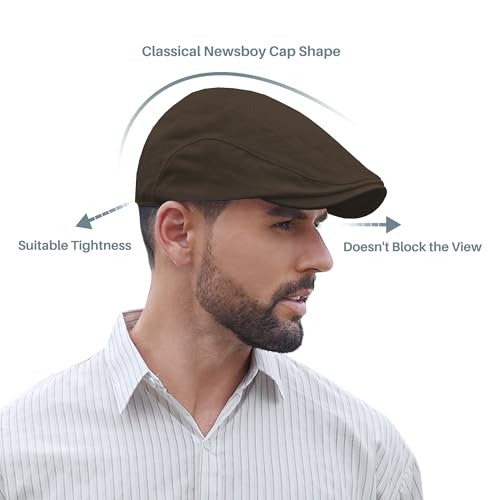 Newsboy Cap for Men 100% Cotton Mens Flat Hats Newsies Hat Classic Irish Gatsby Ivy Cabbie Golf Hats - color: Coffee, size: Large-X-Large