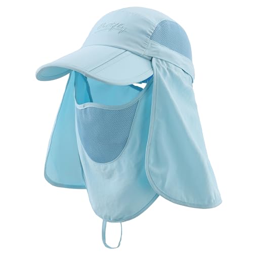 Connectyle Men's Foldable Baseball Sun Cap with Removable Face Mask Neck Flap Cover UPF 50+ Sun Protection Fishing Hiking Hat - color: Aqua Blue