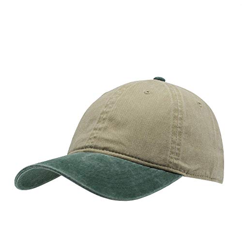 The Vintage Year Washed Cotton Low Profile Dad Hat, 6 Panel Soft Crown Baseball Cap, Brass Buckle, One Size Fits Most - color: Faded Dark Green/Khaki