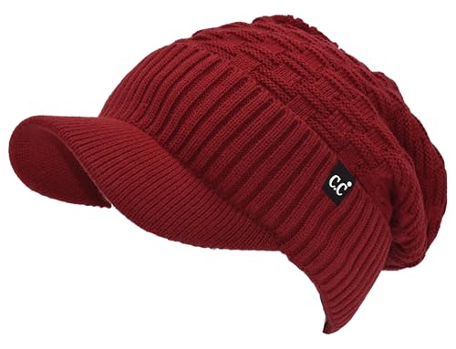 C.C Fuzzy Fleece Lined Warm Oversized Chunky Soft Stretchy Oversized Two Way Ribbed Slouchy Knit Hat with Visor Brim - color: Dark Red