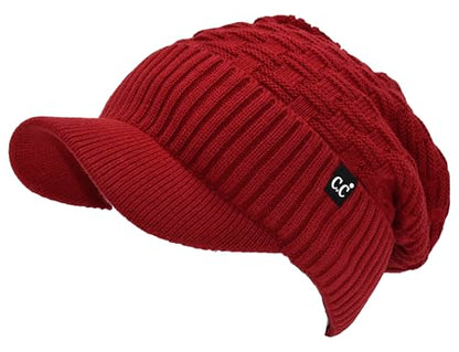 C.C Fuzzy Fleece Lined Warm Oversized Chunky Soft Stretchy Oversized Two Way Ribbed Slouchy Knit Hat with Visor Brim - color: Dark Red