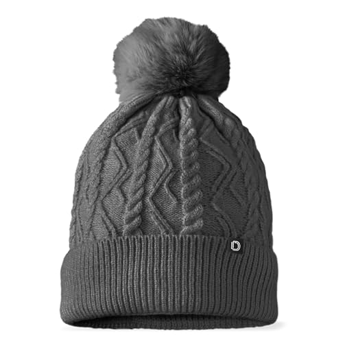 DALIX Cable Knit Pom Beanie Soft Stretch Skully Warm Fuzzy Faux Sherpa Winter Ski Beanie - color: Charcoal Gray