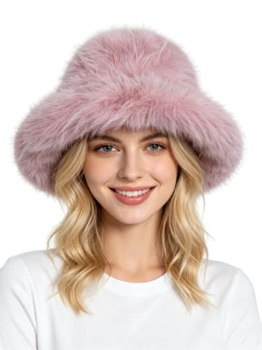 Lina & Lily Oversized Winter Faux Fur Bucket Hat for Women - Long Pile Fur Wide Moldable Brim - color: Dusty Pink