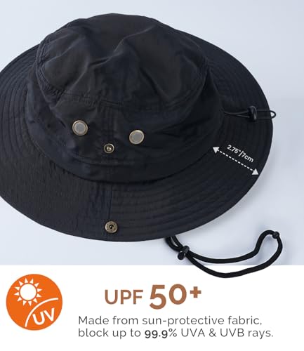 Hat Hut Mens Waterproof Bucket Rain Hat, UPF50+ Sun Hat, Wide Brim, Packable, All-Weather Outdoor Hiking Fishing Hats - color: Black