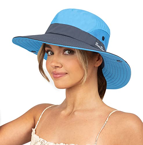 Sun Hat for Women Summer UV Protection Beach Hat with Ponytail Hole - color: Blue(with Ponytail Hole)
