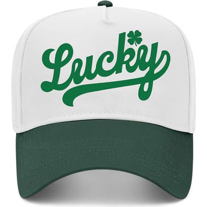 Lucky Cursive Hat | Premium Adjustable Snapback Baseball Trucker Hats for Men & Women - color: Green/White