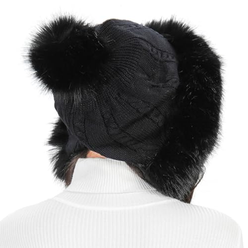 Womens Faux Fur Knitted Hat with Pompom Warm Skull Snow Cap Ear Cover Winter Beanie Hat for Women - color: Black