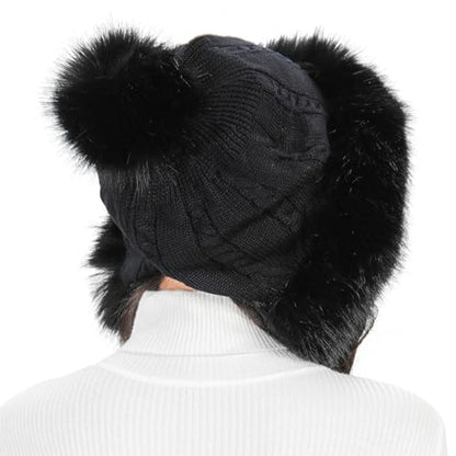 Womens Faux Fur Knitted Hat with Pompom Warm Skull Snow Cap Ear Cover Winter Beanie Hat for Women - color: Black