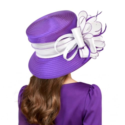 2026 Bucket Hats for Women Ladies Girls, Autumn Winter Fascinator Hat for Derby Kentucky Church Bridal UV Protection - color: 4585purple/White