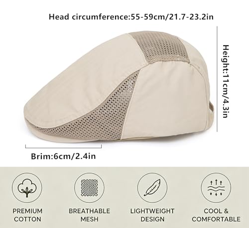 DIYDECAL Mens Cotton Mesh Newsboy Cap Flat Ivy Gatsby Hat Summer Driving Cabbie Cap - color: Beige