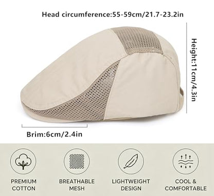 DIYDECAL Mens Cotton Mesh Newsboy Cap Flat Ivy Gatsby Hat Summer Driving Cabbie Cap - color: Beige