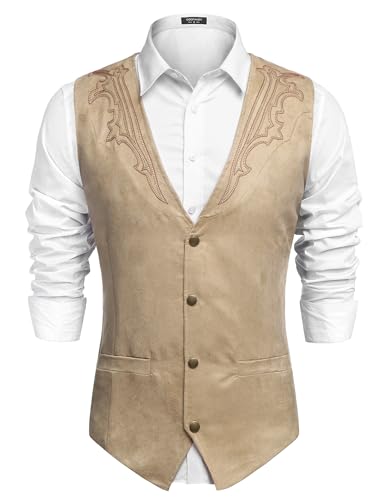 COOFANDY Men's Western Vest Suede Cowboy Vest Casual Slim Fit Waistcoat - color: Beige (With Pattern), size: Large