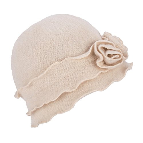 Womens Gatsby 1920s Winter Wool Cap Beret Beanie Crochet Bucket Flower Hat A285 - color: White