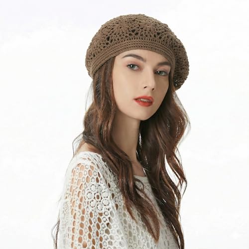 ZLYC Women Cotton Slouchy Crochet Beret Handmade Cutout Floral Beanie Hat - color: Plain Brown