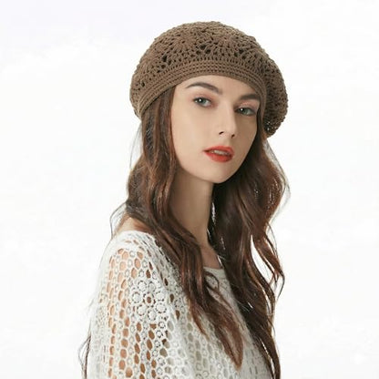 ZLYC Women Cotton Slouchy Crochet Beret Handmade Cutout Floral Beanie Hat - color: Plain Brown