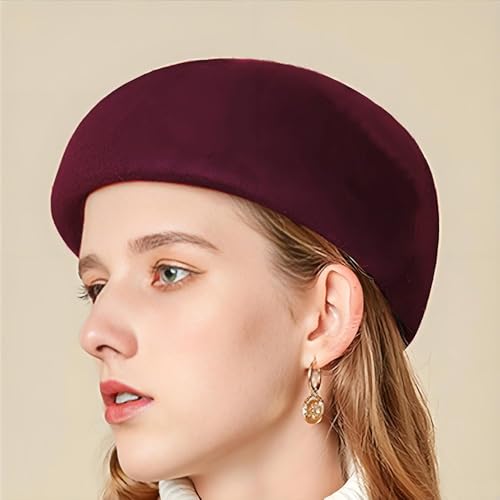 YING LAN Women Wool Cap Stewardess Pillbox Hat Fascinator Base - color: Wine Red