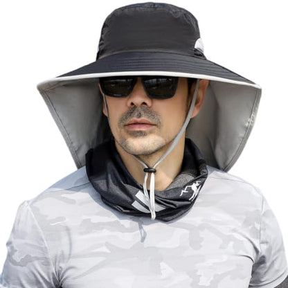 HUAMULAN Women Men Wide Brim Sun Hat Hiking Fishing Hats with Neck Flap - color: Hyp011-black