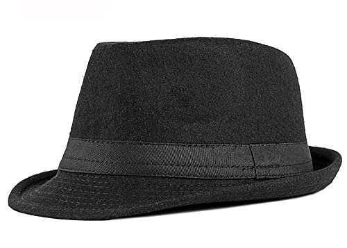 Womens Mens Classic Felt Trilby Hat Short Brim Fedora Hat Black Manhattan Gangster Jazz Hat for Unisex - color: Black With Wide Band
