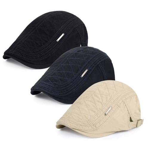 3Pcs Cotton Newsboy Hat for Men Cool Adjustable Flat Cap - color: Jcx-black+beige+navy