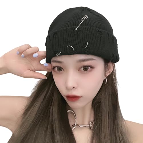 AIBEARTY Swag Short Fisherman Beanie for Men Women Rolled Cuff Beanie Skull Caps Wool Knit Winter Ski Hat with O Rings - color: Dark Green With Pin