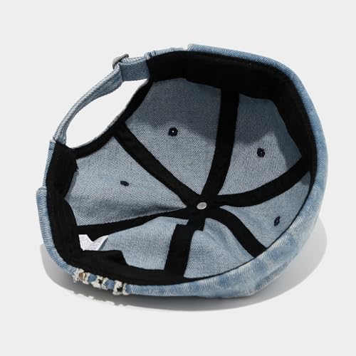 Unisex Washed Denim Distressed Rolled Cuff Brimless Docker Cap - color: Black