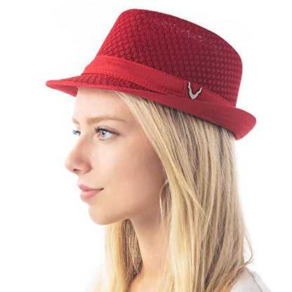 The Hat Depot Light Weight Classic Soft Cool Mesh Crushable Fedora hat - color: Red, size: Small-Medium