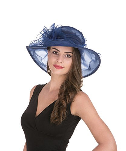 Haojing Women's Organza Church British Fascinator Bridal Tea Party Wedding Hat Summer Ruffles Cap - color: Hjh-navy Blue Flower